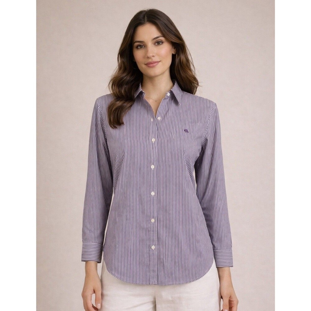 Ralph Lauren LRL Striped Button Down Shirt Purple White L Sleeve cotton Blouse